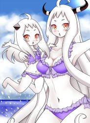 Rule 34 | 10s, 2girls, abyssal ship, ahoge, alternate costume, armpits, bikini, blush, breasts, carrying, carrying person, chestnut mouth, cleavage, cloud, cloudy sky, collarbone, colored skin, day, dual persona, horizon, horns, kantai collection, long hair, multiple girls, navel, northern ocean princess, ocean, aged up, orange eyes, outstretched arms, purple bikini, roshiakouji-chan, side-tie bikini bottom, sky, spread arms, swimsuit, time paradox, white hair, white skin