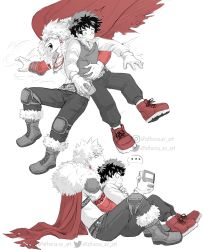 Rule 34 | ..., 2boys, athena av, bakugou katsuki, belt, boku no hero academia, book, boots, cape, carrying, closed mouth, collared shirt, commentary, detached sleeves, earrings, english commentary, freckles, from side, fur-trimmed boots, fur-trimmed cape, fur trim, gloves, green eyes, hand on another&#039;s stomach, highres, holding, holding book, instagram logo, instagram username, jewelry, knee pads, long sleeves, male focus, midoriya izuku, multiple boys, multiple necklaces, multiple views, necklace, official alternate costume, open mouth, pants, partially colored, red cape, red eyes, red footwear, shirt, short hair, simple background, sitting, spiked hair, spoken ellipsis, teeth, topless male, twitter logo, twitter username, vest, white background, yaoi