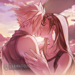 Rule 34 | 1boy, 1girl, artist name, bare arms, bare shoulders, black hair, blonde hair, closed eyes, cloud, cloud strife, cloudy sky, collarbone, couple, crop top, earrings, final fantasy, final fantasy vii, final fantasy vii remake, hand on another&#039;s arm, hetero, highres, ilabarattolo, jewelry, kiss, long hair, sky, sleeveless, sleeveless turtleneck, spiked hair, suspenders, sweater, tank top, tifa lockhart, turtleneck, turtleneck sweater, upper body, white tank top