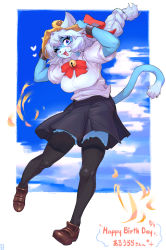 Rule 34 | 1girl, absurdres, animal ears, animal nose, bell, black thighhighs, blue background, blue eyes, blue fur, blue hair, body fur, bow, breasts, cat, cat ears, cat girl, cat tail, cloud, commentary request, full body, furry, furry female, happy birthday, hat, hat bow, highres, large breasts, long braid, long hair, one eye closed, open mouth, original, red bow, shirt, shoes, simple background, solo, standing, suigi, tail, thighhighs, translation request, white shirt