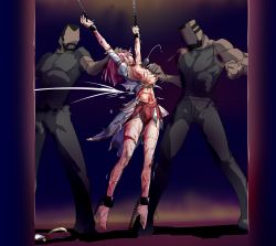 Rule 34 | 1girl, 2boys, arms up, bdsm, blood, breasts, injury, multiple boys, nipples, pink hair, princess connect!, princess connect!, restrained, ryona, slave, torn clothes, torture, try robin x, welts, whip marks, yui (princess connect!)