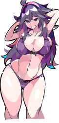 Rule 34 | 1girl, @ @, absurdres, alternate breast size, arms behind head, breasts, creatures (company), enpe, game freak, hairband, hex maniac (pokemon), highres, large breasts, lingerie, messy hair, navel, nintendo, pokemon, pokemon xy, purple hairband, simple background, smile, solo, standing, underwear, white background