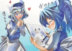 Rule 34 | 2girls, blue eyes, blue hair, blush, cirno, drawing, hat, letty whiterock, modeling, multiple girls, own hands clasped, own hands together, smile, snowman, touhou, yohane