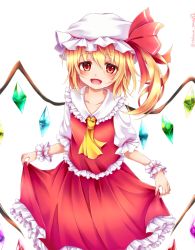 Rule 34 | 1girl, :d, blonde hair, chikuwa savy, clothes lift, collarbone, crystal, eyebrows, flandre scarlet, hat, highres, long sleeves, neckerchief, open mouth, puffy short sleeves, puffy sleeves, red eyes, red skirt, short hair, short sleeves, side ponytail, simple background, skirt, skirt lift, smile, solo, touhou, watermark, white background, wings, wrist cuffs, yellow neckerchief