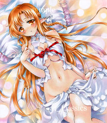 Rule 34 | 10s, 1girl, asuna (sao), at classics, breasts, brown eyes, brown hair, ear covers, frilled pillow, frills, long hair, lying, navel, pillow, pointy ears, sample watermark, sword art online, titania (sao), traditional media, underboob, watermark