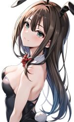 Rule 34 | 1girl, absurdres, animal ears, aqua eyes, bare shoulders, black leotard, blush, bow, bowtie, breasts, brown hair, cleavage, commentary request, detached collar, fake animal ears, from side, hair between eyes, highres, idolmaster, idolmaster cinderella girls, leotard, long hair, looking at viewer, medium breasts, parted bangs, playboy bunny, popon ta, rabbit ears, rabbit tail, red bow, red bowtie, shibuya rin, simple background, smile, solo, strapless, strapless leotard, tail, upper body, white background