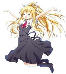 Rule 34 | 00s, 1girl, air (visual novel), bad id, bad pixiv id, blonde hair, boots, closed eyes, hair ribbon, inumoto, jumping, kamio misuzu, long hair, outstretched arms, ponytail, ribbon, school uniform, spread arms