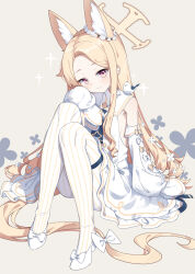 Rule 34 | 1girl, animal, animal ear fluff, animal ears, ass, bare shoulders, bird, blonde hair, blue archive, blush, breasts, closed mouth, detached sleeves, dress, extra ears, fox ears, full body, grey background, halo, high heels, highres, long hair, looking at viewer, pantyhose, seia (blue archive), simple background, sleeves past fingers, sleeves past wrists, small breasts, smile, solo, striped clothes, striped pantyhose, teallysky, vertical-striped clothes, vertical-striped pantyhose, white bird, white dress, white footwear, white pantyhose, white sleeves, wide sleeves, yellow eyes, yellow halo