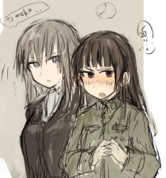 Rule 34 | 2girls, anabuki tomoko, bad id, bad twitter id, black hair, blue eyes, blush, clock, elizabeth f. beurling, grey hair, long hair, long sleeves, looking away, military, military uniform, multiple girls, ohashi (hashidate), open mouth, purple eyes, simple background, sketch, speech bubble, strike witches, strike witches: suomus misfits squadron, uniform, upper body, world witches series