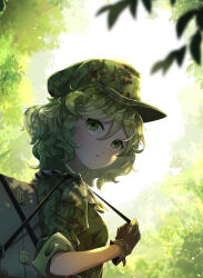 Rule 34 | 1girl, backpack, bag, breasts, brown gloves, closed mouth, commentary request, curly hair, day, flat cap, forest, gloves, green eyes, green hair, green hat, green jacket, hat, highres, jacket, looking at viewer, looking back, nature, outdoors, short hair, skirt, sleeves rolled up, small breasts, solo, tami (joemanyodw), touhou, upper body, yamashiro takane
