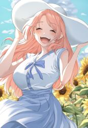 Rule 34 | 1girl, aged up, alternate hair length, alternate hairstyle, blue dress, blush, breasts, day, dress, field, flower, flower field, hand on headwear, hands up, hat, highres, large breasts, light (lightpicture33), long hair, open mouth, outdoors, pink hair, short sleeves, smile, solo, sunflower, sunflower field, white hat, yahari ore no seishun lovecome wa machigatteiru., yuigahama yui