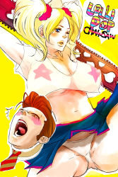 Rule 34 | 1boy, 1girl, alternate costume, armpits, arms up, bad id, bad pixiv id, blonde hair, blue eyes, blush, breasts, brown hair, chainsaw, cleavage, couple, covered erect nipples, crop top, grasshopper manufacture, huge breasts, juliet starling, lips, lollipop chainsaw, long hair, midriff, miniskirt, navel, necktie, nick carlyle, no bra, one eye closed, open mouth, panties, pantyshot, parted lips, puckered lips, scrunchie, see-through, severed head, short hair, skirt, underboob, underwear, upskirt, weapon, white panties, wink, yellow background