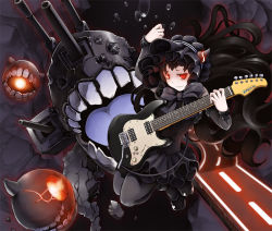 Rule 34 | 10s, 1girl, abyssal ship, bad id, bad pixiv id, black hair, brand name imitation, dress, electric guitar, gothic lolita, gradient background, guitar, horns, instrument, isolated island oni, kantai collection, lolita fashion, long hair, pantyhose, pectong, red eyes, smile, solo