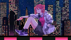 Rule 34 | 1girl, absurdres, black legwear, blouse, building, casual, cityscape, full body, half-closed eyes, hand in pocket, headphones, headphones around neck, highres, holding, holding phone, jacket, kasane teto, knees up, ktdch, looking to the side, night, phone, red eyes, red hair, red shirt, shirt, shoes, shorts, sitting, sky, skyscraper, smile, sneakers, solo, star (sky), starry sky, utau