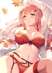 Rule 34 | 1girl, arm up, armpits, autumn leaves, bad id, bad pixiv id, bra, breasts, cleavage, collarbone, garter belt, hair ornament, hand up, highres, kat (bu-kunn), lace, lace-trimmed bra, lace trim, large breasts, lingerie, long hair, long sleeves, looking at viewer, lying, navel, no pants, on side, open clothes, open shirt, original, panties, panties over garter belt, parted lips, pink hair, pink thighhighs, red bra, red panties, shirt, solo, stomach, thighhighs, underwear, white shirt, yellow eyes
