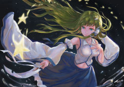 Rule 34 | 1girl, amibazh, black background, blue eyes, blue skirt, breasts, detached sleeves, floating hair, frog hair ornament, from above, gohei, green hair, hair ornament, hair tubes, hand on own chest, holding, kochiya sanae, lips, long hair, long skirt, long sleeves, looking to the side, medium breasts, midriff peek, navel, shirt, simple background, skirt, smile, snake hair ornament, solo, splashing, standing, star (symbol), taut clothes, taut shirt, touhou, vest, water, white vest, wide sleeves, wind