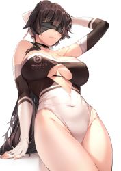 Rule 34 | 1girl, amagimei, arm support, arm up, azur lane, bare shoulders, black hair, blindfold, blush, bow, breasts, cleavage, closed mouth, covered erect nipples, covered eyes, covered navel, elbow gloves, fingerless gloves, gloves, hair bow, hair flaps, hand in own hair, hand up, highres, large breasts, leaning back, long hair, looking at viewer, ponytail, race queen, simple background, solo, standing, takao (azur lane), takao (full throttle charmer) (azur lane), thighs, unitard, very long hair, white background, white bow