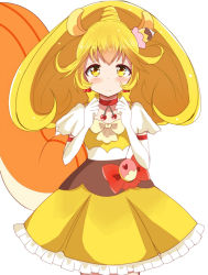 Rule 34 | 10s, 1girl, animal ears, blonde hair, blush, choker, cosplay, cure custard, cure custard (cosplay), cure peace, elbow gloves, embarrassed, food-themed hair ornament, gloves, hair flaps, hair ornament, haru (nature life), kirakira precure a la mode, kise yayoi, looking at viewer, magical girl, ponytail, precure, short hair, simple background, skirt, smile precure!, solo, squirrel ears, squirrel tail, tail, white background, white gloves, yellow eyes, yellow skirt, yellow theme