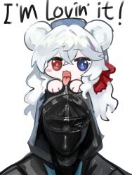 Rule 34 | 1girl, 1other, animal ears, arknights, bear ears, black jacket, blue eyes, blue hair, blue headwear, blush stickers, chibi, commentary request, doctor (arknights), dokomon, english text, hair between eyes, heterochromia, highres, hood, hood up, hooded jacket, jacket, korean commentary, mini person, minigirl, multicolored hair, on head, open mouth, red eyes, red hair, rosa (arknights), simple background, streaked hair, tongue, tongue out, white background, white hair