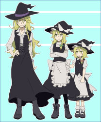 Rule 34 | 1girl, :&lt;, age progression, apron, asymmetrical hair, blonde hair, boots, bow, braid, child, closed mouth, crossed arms, hair bow, hand on own hip, hat, hat bow, height difference, kirisame marisa, kuroda (nanchara flight), long hair, multiple views, aged up, parted lips, side braid, time paradox, touhou, waist apron, witch hat, yellow eyes, aged down