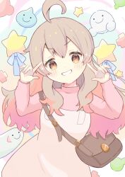 Rule 34 | 1girl, ahoge, bag, brown eyes, c:, colored inner hair, commentary request, dot nose, dress, grey hair, grin, hair between eyes, highres, index fingers raised, light blush, long hair, long sleeves, multicolored hair, onii-chan wa oshimai!, oyama mahiro, pinafore dress, pink hair, pink shirt, pointing, pointing at self, shirt, shoulder bag, sleeveless, sleeveless dress, smile, solo, sparkle, star (symbol), turtleneck, turtleneck shirt, two-tone hair, white dress, yakan ghost