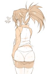 Rule 34 | 1girl, ass, bike shorts, clothes pull, female focus, from behind, imura (shiro maru), looking back, monochrome, original, panties, ponytail, profile, shiro maru, shorts, shorts pull, solo, underwear