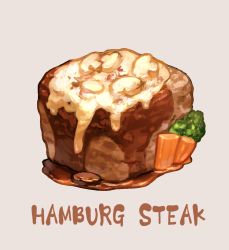 Rule 34 | broccoli, carrot, cube, english text, food, food focus, grey background, hamburger steak, no humans, original, saino misaki, simple background