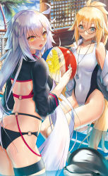 Rule 34 | 2girls, absurdres, alter (kxk7357), ball, beachball, bikini, black bikini, blonde hair, blue eyes, blurry, blurry background, blush, breasts, butt crack, collarbone, competition swimsuit, covered navel, day, dolphin, fate/grand order, fate (series), glasses, hair between eyes, highleg, highleg swimsuit, highres, holding, holding ball, jeanne d&#039;arc alter (swimsuit berserker) (fate), jeanne d&#039;arc (fate), jeanne d&#039;arc (ruler) (fate), jeanne d&#039;arc (swimsuit archer) (fate), jeanne d&#039;arc (swimsuit archer) (second ascension) (fate), jeanne d&#039;arc alter (fate), jeanne d&#039;arc alter (swimsuit berserker) (fate), long hair, long sleeves, looking back, medium breasts, multiple girls, o-ring, o-ring bikini, one-piece swimsuit, open mouth, outdoors, palm tree, semi-rimless eyewear, shiny skin, shrug (clothing), silver hair, sitting, soaking feet, standing, summer, swimsuit, thigh strap, transparent, tree, under-rim eyewear, very long hair, wading, white one-piece swimsuit, yellow eyes