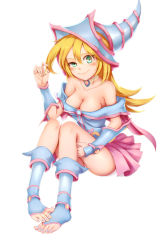 Rule 34 | 1girl, adapted costume, artist request, bare shoulders, blonde hair, blue dress, blush, bracer, breasts, cleavage, closed mouth, collar, collarbone, dark magician girl, dress, fang, full body, green eyes, hat, highres, large breasts, legs, long hair, looking at viewer, nail polish, simple background, sitting, smile, socks, solo, toeless legwear, toenail polish, toenails, toes, tutu, white background, wizard hat, yu-gi-oh!, yu-gi-oh! duel monsters