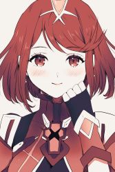 Rule 34 | 1girl, beige background, black gloves, blush, closed mouth, fingerless gloves, gloves, hair between eyes, highres, looking at viewer, portrait, pyra (xenoblade), red eyes, red hair, short hair, simple background, smile, solo, tiara, xenoblade chronicles (series), xenoblade chronicles 2, yamamori kinako