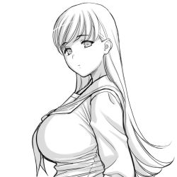 Rule 34 | 10s, 1girl, breasts, commentary request, expressionless, from side, greyscale, kantai collection, large breasts, long hair, long sleeves, looking at viewer, magaki ryouta, monochrome, neckerchief, ooi (kancolle), school uniform, serafuku, sketch, solo, upper body, white background