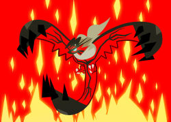 Rule 34 | creature, creatures (company), fire, flying, full body, game freak, gen 6 pokemon, julesdrawz, legendary pokemon, nintendo, no humans, pokemon, pokemon (creature), red background, simple background, solo, third-party source, yveltal