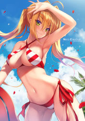 Rule 34 | 1girl, absurdres, arm up, armpits, bare shoulders, bikini, blue sky, blush, breasts, character name, cleavage, cloud, cloudy sky, contrapposto, criss-cross halter, cropped, day, earrings, fate/grand order, fate (series), fukai ryosuke, green eyes, hair between eyes, hair intakes, halterneck, head tilt, highres, jewelry, large breasts, long hair, looking at viewer, navel, nero claudius (fate), nero claudius (fate) (all), nero claudius (swimsuit caster) (fate), outdoors, page number, petals, rose petals, scan, side-tie bikini bottom, sky, smile, solo, standing, striped bikini, striped clothes, swimsuit, twintails, water drop, wet