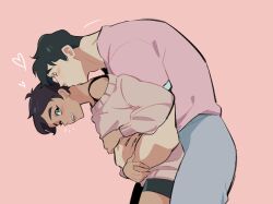 Rule 34 | 1boy, 1girl, 38sr, arms around waist, black hair, blush, brown eyes, clark kent, closed eyes, couple, dc comics, heart, hetero, kiss, kissing neck, lois lane, my adventures with superman, one eye closed, open mouth, pink background, shirt, short hair, shorts, smile, superman (series), sweater, t-shirt