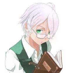Rule 34 | 1boy, artist name, book, diary, glasses, green eyes, green vest, highres, looking at viewer, male focus, open book, open mouth, poshi nemiiyo, shirt, short hair, simple background, upper body, vest, white background, white hair, white shirt