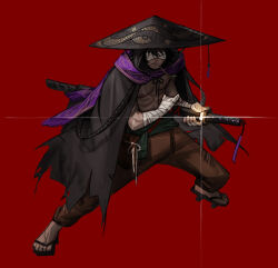 Rule 34 | 1boy, bandaged arm, bandages, black cape, black hat, brown pants, cape, full body, glint, hat, highres, holding, holding sword, holding weapon, katana, male focus, original, pants, purple scarf, red background, rinotuna, scarf, simple background, solo, standing, sword, weapon