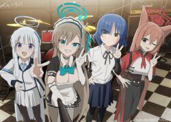 Rule 34 | 4girls, animal ears, asuna (blue archive), blue archive, blue necktie, bocchi the rock!, bow, bowtie, breasts, brown hair, chinese clothes, cleavage, drum, drum set, formal, gloves, grey hair, halo, hand on own hip, instrument, jacket, large breasts, long hair, maid, mechanical halo, medium breasts, mole, mole under eye, multiple girls, necktie, noa (blue archive), one eye closed, purple eyes, purple hair, rumi (blue archive), school uniform, selfie, selfie stick, shuka high school uniform, skirt, suit, taking picture, uu youyu, voice actor connection, white gloves, white jacket, white skirt, white suit, yamada ryo