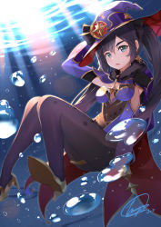 Rule 34 | 1girl, air bubble, aqua eyes, ass, black gloves, black hair, black pantyhose, breasts, bubble, cape, earrings, elbow gloves, fur trim, genshin impact, gloves, hair between eyes, hat, hat ornament, high heels, highres, jcf, jewelry, leotard, long hair, looking at viewer, medium breasts, mona (genshin impact), pantyhose, purple hat, purple leotard, red cape, signature, solo, star (symbol), star earrings, star hat ornament, thighlet, twintails, underwater, very long hair, water, witch hat, wizard hat, yellow footwear