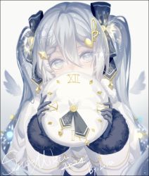 Rule 34 | 1girl, 2021, artist name, black border, blue eyes, blue hair, blurry, border, borrowed design, braid, braided bangs, character name, clock print, commentary, covered mouth, depth of field, eyelashes, fortissimo, fur-trimmed sleeves, fur trim, gloves, glowing, hair between eyes, hair ornament, hair ribbon, hairclip, hat, hat ribbon, hatsune miku, highres, holding, holding clothes, holding hat, liita (dusk snow), long hair, long sleeves, looking at viewer, musical note, musical note hair ornament, print headwear, ribbon, roman numeral, single braid, snowflakes, solo, sparkle, symbol in eye, unworn hat, unworn headwear, upper body, vocaloid, white background, white hat, wings, yuki miku, yuki miku (2021)