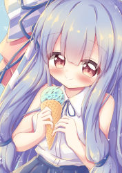 Rule 34 | 1girl, absurdres, bad id, bad pixiv id, bare arms, bare shoulders, blue hair, blue ribbon, blue skirt, blush, bow, brown eyes, closed mouth, collared shirt, food, hair bow, hair ribbon, highres, holding, holding food, ice cream, ice cream cone, kotonoha aoi, long hair, looking at viewer, mint chocolate, mint chocolate chip, neck ribbon, pleated skirt, print bow, ribbon, shirt, skirt, sleeveless, sleeveless shirt, smile, solo, very long hair, voiceroid, waste (arkaura), white shirt, yagasuri