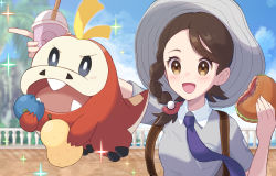 Rule 34 | 1girl, :d, berry (pokemon), braid, breast pocket, brown eyes, brown hair, burger, cloud, collared shirt, commentary request, creatures (company), cup, day, eyelashes, fence, food, fuecoco, game freak, grey headwear, grey shirt, haru (haruxxe), hat, highres, holding, holding cup, holding food, juliana (pokemon), necktie, nintendo, open mouth, oran berry, outdoors, pocket, pointing, pokemon, pokemon (creature), pokemon sv, purple necktie, shirt, sitrus berry, sky, smile, sparkle, strap, tongue