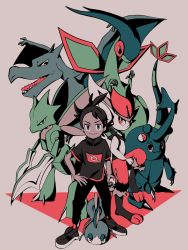 Rule 34 | 1boy, aerodactyl, black hair, blue eyes, cinderace, creatures (company), dark skin, flygon, game freak, gen 1 pokemon, gen 2 pokemon, gen 3 pokemon, gen 8 pokemon, goh (pokemon), hand on own hip, heracross, highres, holding, holding poke ball, looking at viewer, nintendo, pants, poke ball, pokemon, pokemon (anime), pokemon (creature), pokemon journeys, scyther, short hair, simple background, sobble