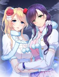 Rule 34 | 2girls, :d, asymmetrical docking, ayase eli, blonde hair, blue eyes, blush, braid, breast press, breasts, cloud, crown braid, detached sleeves, dress, eyes visible through hair, flower, fur-trimmed jacket, fur-trimmed sleeves, fur collar, fur trim, green eyes, hair flower, hair ornament, hair over one eye, hair over shoulder, hair scrunchie, hat, head tilt, jacket, large breasts, long hair, looking at viewer, love live!, love live! school idol project, minamon (vittel221), mini hat, multiple girls, night, night sky, open clothes, open jacket, open mouth, outdoors, pink sweater, pom pom (clothes), ponytail, puffy short sleeves, puffy sleeves, purple hair, red flower, red hat, red rose, rose, scrunchie, short sleeves, sky, sleeves past wrists, smile, snow halation, star (sky), starry sky, sweater, swept bangs, tojo nozomi, turtleneck, turtleneck sweater, underbust, upper body, white dress, white jacket