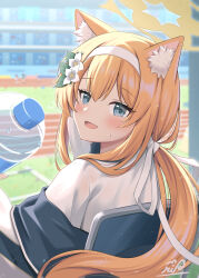 Rule 34 | 3girls, :d, animal ear fluff, animal ears, blue archive, blue eyes, blurry, blurry background, blush, bottle, cat ears, cat girl, chair, flower, gym shirt, gym uniform, hair flower, hair ornament, hairband, halo, highres, holding, holding bottle, jacket, long hair, mari (blue archive), mari (track) (blue archive), multiple girls, on chair, open clothes, open jacket, open mouth, orange hair, outdoors, plastic bottle, shirt, sidelocks, signature, smile, solo focus, stadium, surisuririsu, sweat, track and field, track jacket, white flower, white hairband, white shirt, yellow halo