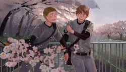 Rule 34 | 2boys, :d, bad id, bad pixiv id, bag, baseball uniform, belt, bookbag, brown hair, chain-link fence, cherry blossoms, eye contact, fence, highres, holding own arm, looking at another, male focus, multiple boys, noasa, open mouth, outdoors, petals, railing, shared umbrella, smile, sportswear, sweatdrop, transparent, transparent umbrella, tree, umbrella