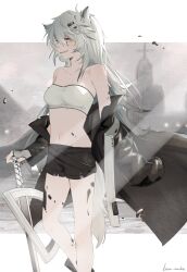 Rule 34 | 1girl, absurdres, animal ears, arknights, bandeau, bare legs, bare shoulders, black shorts, breasts, feet out of frame, grey eyes, grey hair, hair ornament, hairclip, highres, kamanberu sando, lappland (arknights), material growth, medium breasts, midriff, navel, off shoulder, oripathy lesion (arknights), scar, scar across eye, short shorts, shorts, smile, solo, standing, stomach, strapless, tube top, wolf ears