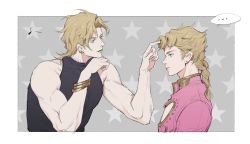 Rule 34 | ..., 2boys, black shirt, blonde hair, blouse, bracelet, braid, cleavage cutout, closed mouth, clothing cutout, dio brando, earrings, father and son, giorno giovanna, gold trim, hair rings, highres, jewelry, jojo no kimyou na bouken, lips, looking at another, medium hair, multiple boys, muscular, musical note, pink shirt, shirt, short hair, sleeveless, sleeveless shirt, star (symbol), upper body, youamo