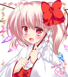 Rule 34 | 1girl, alternate costume, artist name, bad id, bad pixiv id, blonde hair, blush, bow, fang, female focus, flandre scarlet, gohei, hair bow, japanese clothes, long sleeves, looking at viewer, lowres, miko, open mouth, red eyes, rika-tan (rikatantan), side ponytail, signature, smile, solo, touhou, upper body, wide sleeves, wings