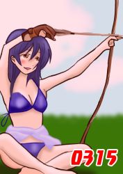 Rule 34 | 1girl, artist name, artist request, bare legs, bare shoulders, bikini, blue bikini, blue hair, blue sky, blush, bow (weapon), breasts, brown eyes, brown gloves, cloud, collarbone, day, feet, feet out of frame, female focus, gloves, grass, hair between eyes, hair over shoulder, highres, holding, holding bow (weapon), holding weapon, indian style, long hair, looking at viewer, love live!, love live! school idol project, on grass, outdoors, parted lips, partially fingerless gloves, partly fingerless gloves, single glove, sitting, sky, smile, solo, sonoda umi, swimsuit, weapon, yellow eyes, yugake