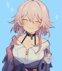 Rule 34 | 1girl, arlecchumi, bare shoulders, black choker, blue background, blush, breasts, brown skirt, buttons, choker, closed eyes, closed mouth, collarbone, collared shirt, hair between eyes, highres, honkai: star rail, honkai (series), jacket, long sleeves, march 7th (honkai: star rail), medium breasts, off-shoulder shirt, off shoulder, open clothes, open jacket, pink hair, puffy long sleeves, puffy sleeves, purple jacket, shirt, short hair, short hair with long locks, sidelocks, simple background, skirt, smile, solo, star (symbol), tied jacket, white shirt
